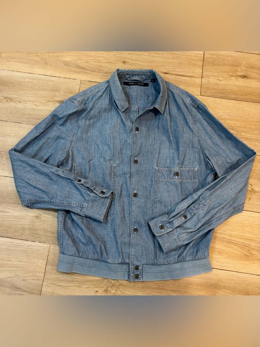UNIQLO LEMAIRE Denim Shirt Jacket Chambray Blouson Cropped Large L Blue